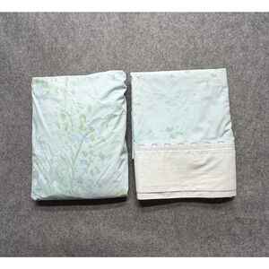 Vintage Springmaid Queen Sheet Set Flat Fitted Wondercale Blue Floral Made USA
